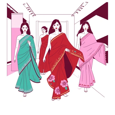 A group of models is strutting confidently down the runway, each showcasing elegant designer sarees. One model wears a vibrant teal saree adorned with intricate silver embroidery, flowing gracefully as she walks. Another model follows in a stunning red saree featuring bold floral patterns, accented with a shimmering gold border that catches the light. A third model exhibits a soft pink saree with delicate lace detailing along the edges, moving fluidly with a gentle sway. The runway is lined with bright lights, highlighting the intricate designs and the grace of each model as they display the artistry of traditional Indian fashion.