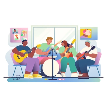 A small indie band is gathered in a cozy home studio. The members include a guitarist with short brown hair, a bassist with long curly hair, and a drummer with a beanie. They are surrounded by various instruments including an acoustic guitar, a bass guitar, and a drum set. The walls are adorned with posters of famous bands and colorful artwork. A microphone stands in the center of the room, capturing their sound. There are also a few cables and music equipment spread across the floor. Sunlight is streaming through a nearby window, creating a warm atmosphere as the band focuses on their recording session.