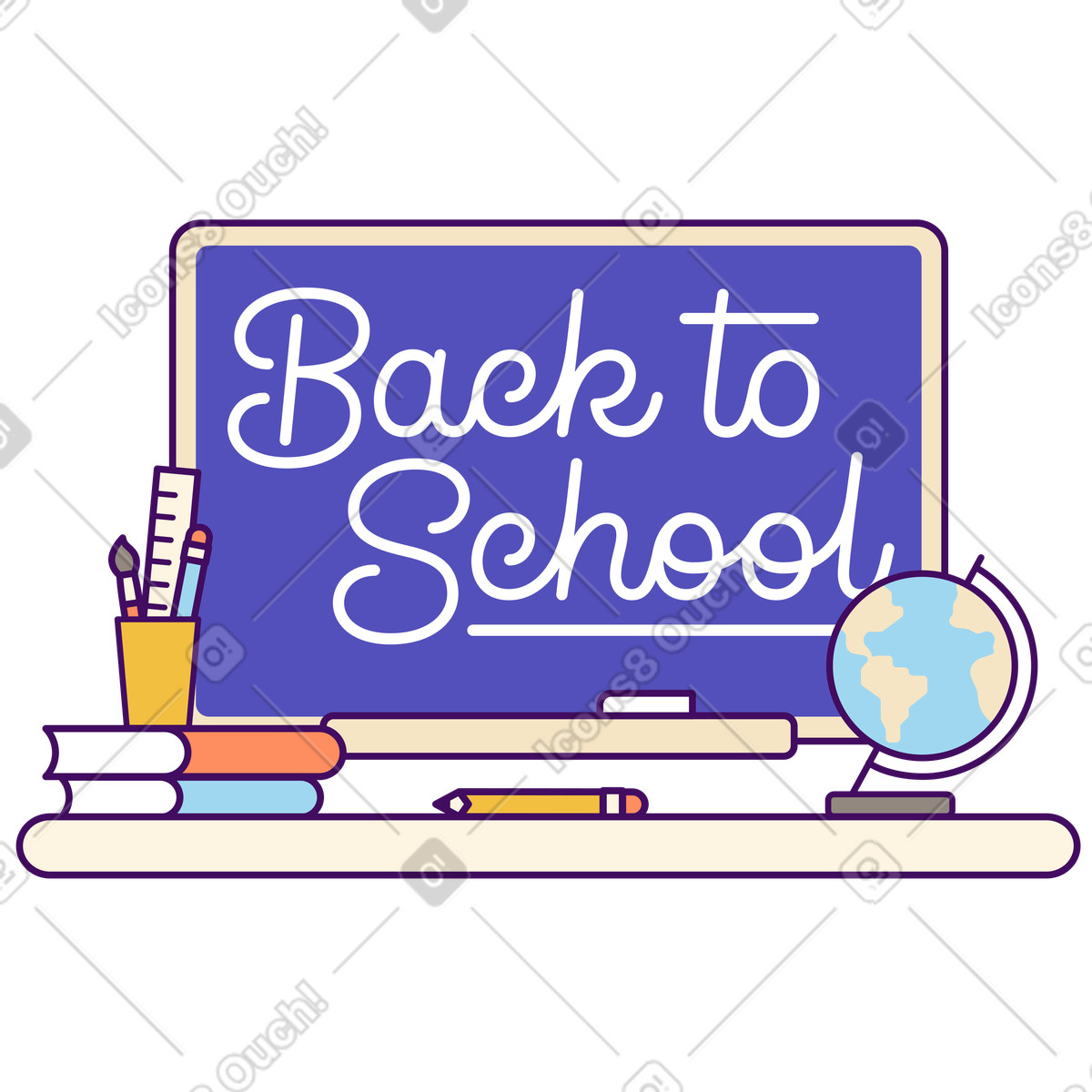 Chalkboard, globe, books, and stationery, Back to school season animated illustration in Simplistic style download in GIF, Lottie (JSON), AE