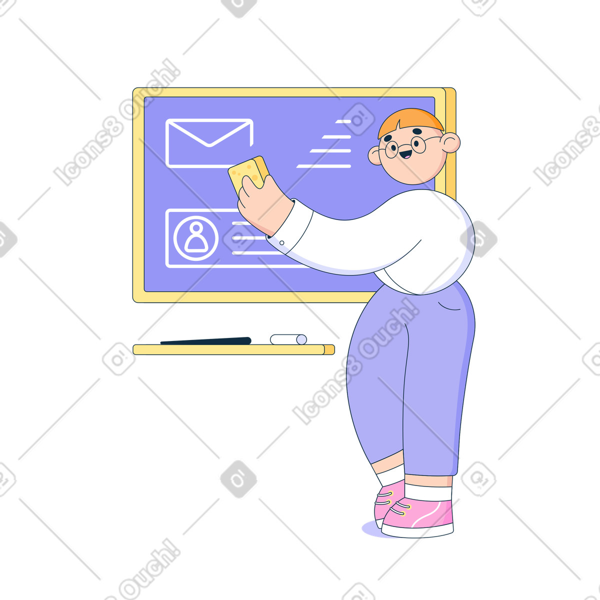 Man löscht die inschrift von der tafel-Illustration im Bubble gum-Stil als Download in PNG, SVG