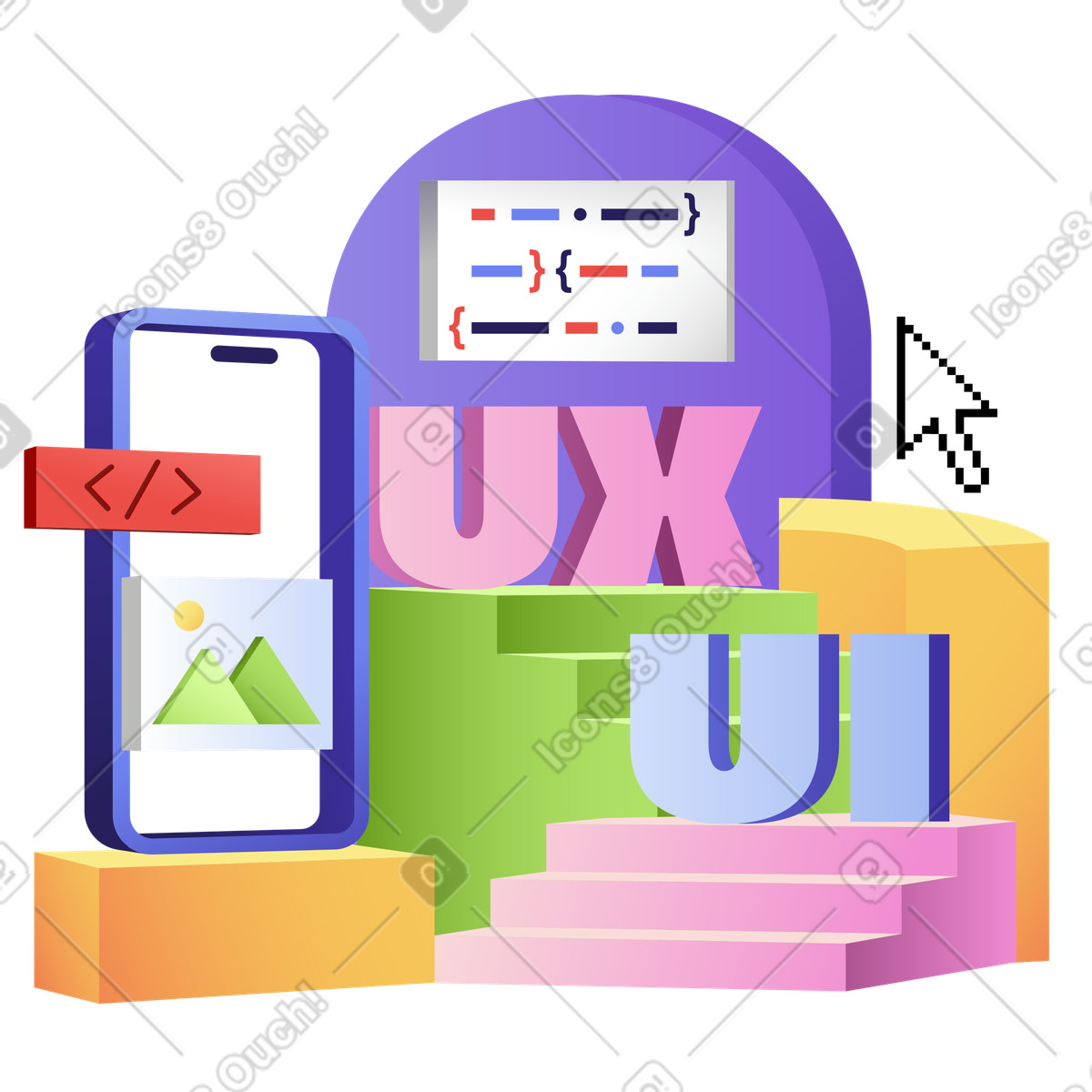 Lettering UX/UI with code in browser and app development phone text illustration Levels style download PNG, SVG