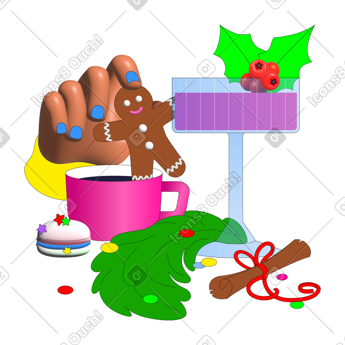 Omino di pan zenzero, dolcetto e bevande natalizie illustrazione in stile Pop scarica in PNG, SVG