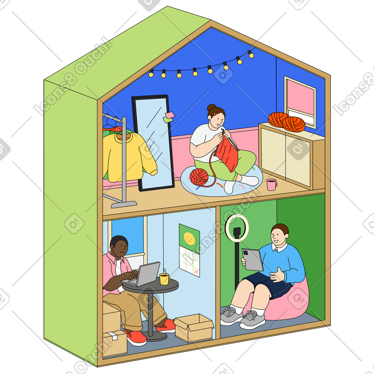 Dollhouse with people representing small business illustration in Kindy style download in PNG, SVG