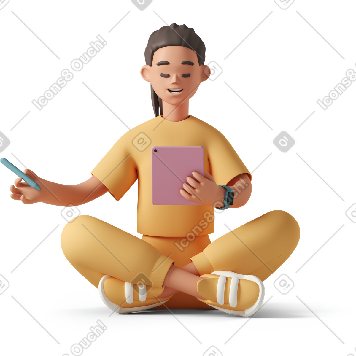 3D Casual life 스타일의 Young woman meditating while holding pink tablet and stylus 일러스트레이션 PNG, SVG 다운로드