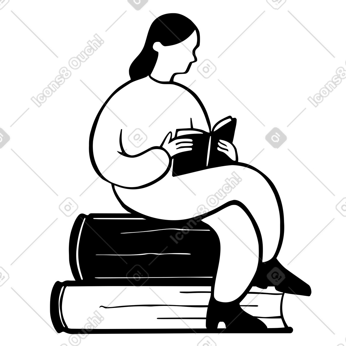 Woman reading a book illustration atop a stack of books clipart image in PNG SVG GIF