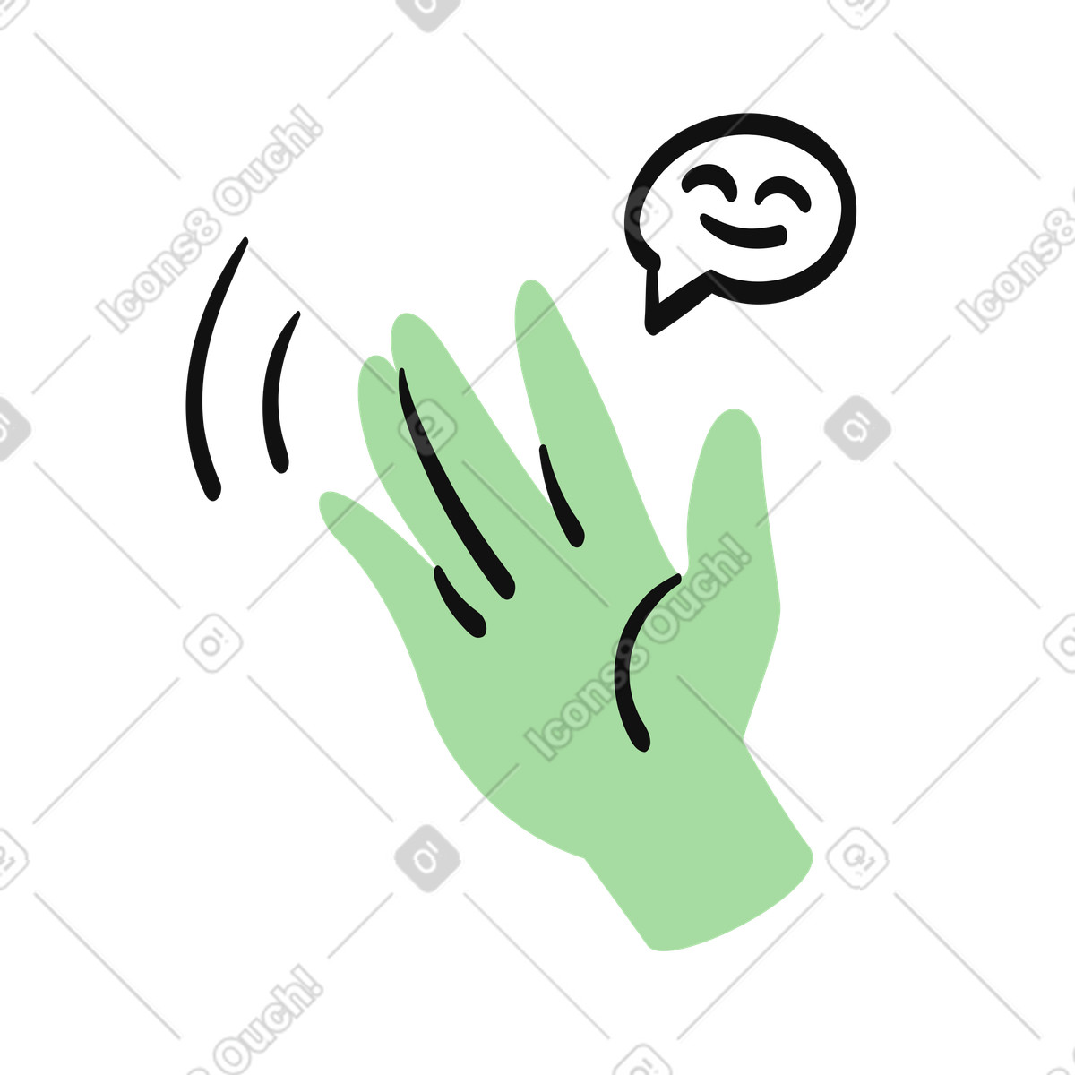 Organic スタイルの Hand waving gesture with smile chat bubble for friendly greeting のイラストをPNG、SVG形式でダウンロード