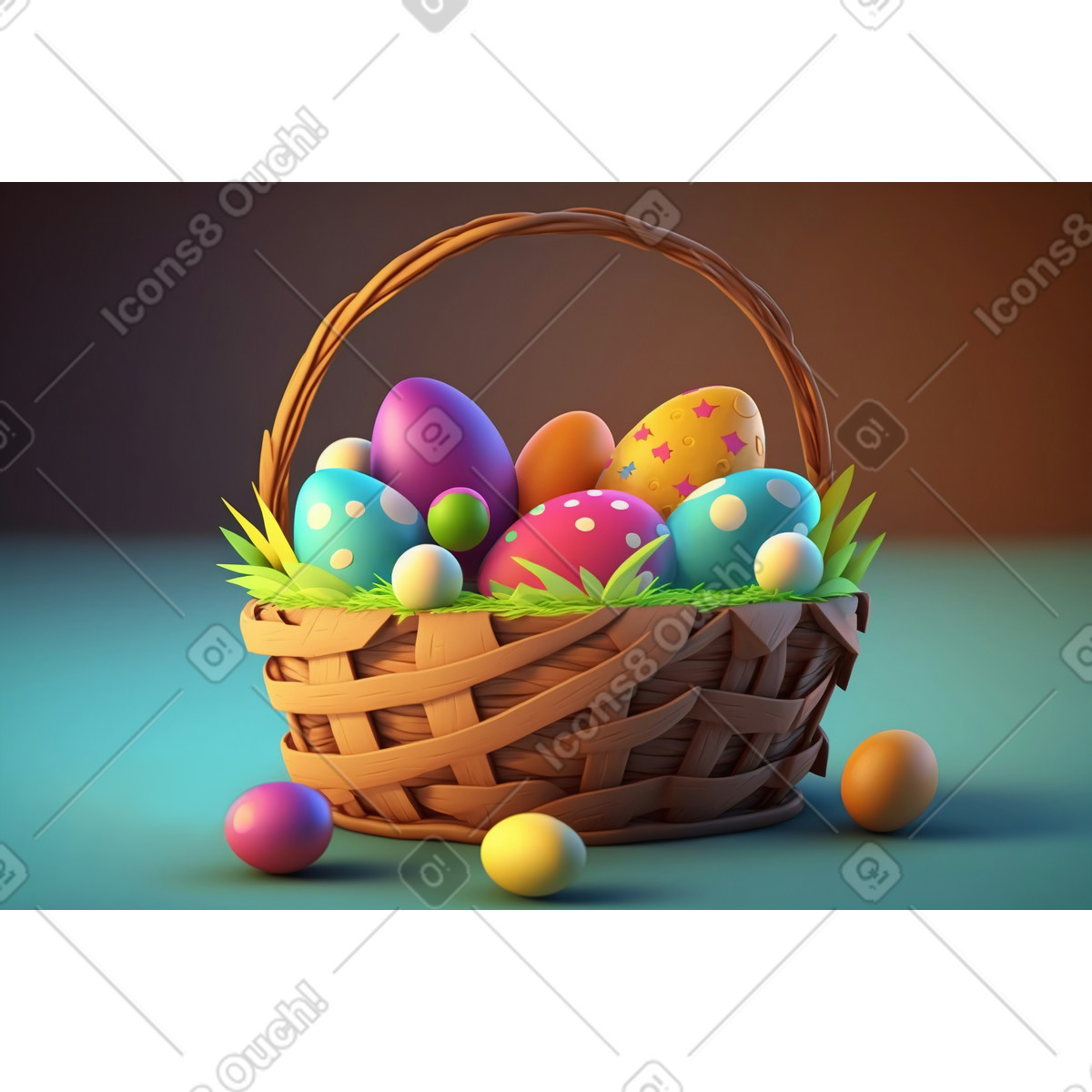 3D easter eggs in the wicker basket illustration Experimental style download PNG, SVG
