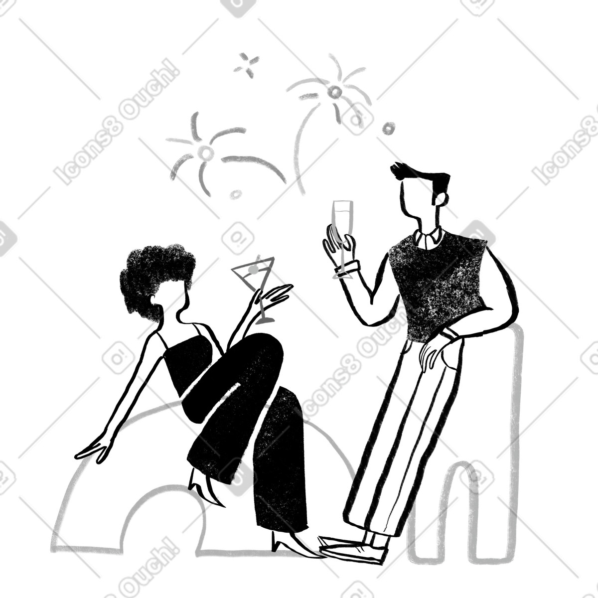 Black and white woman and man celebrating with drinks and fireworks illustration in Company style download in PNG, SVG