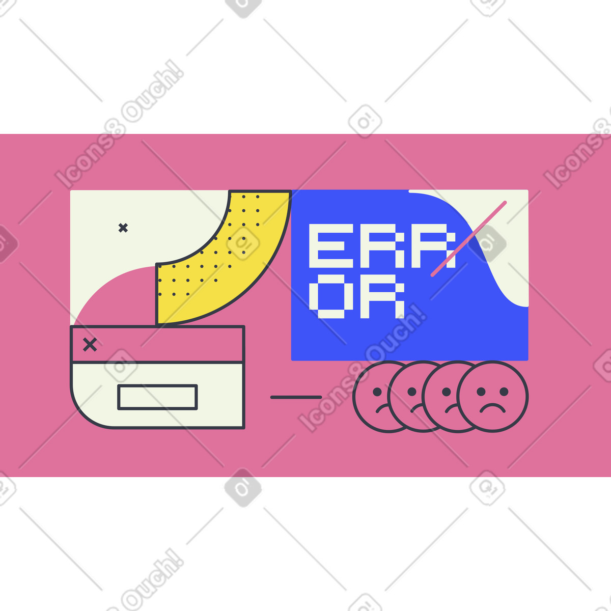 Error message pop-up with sad faces, System failure or software crash animated illustration in Abstract style download in GIF, Lottie (JSON), AE