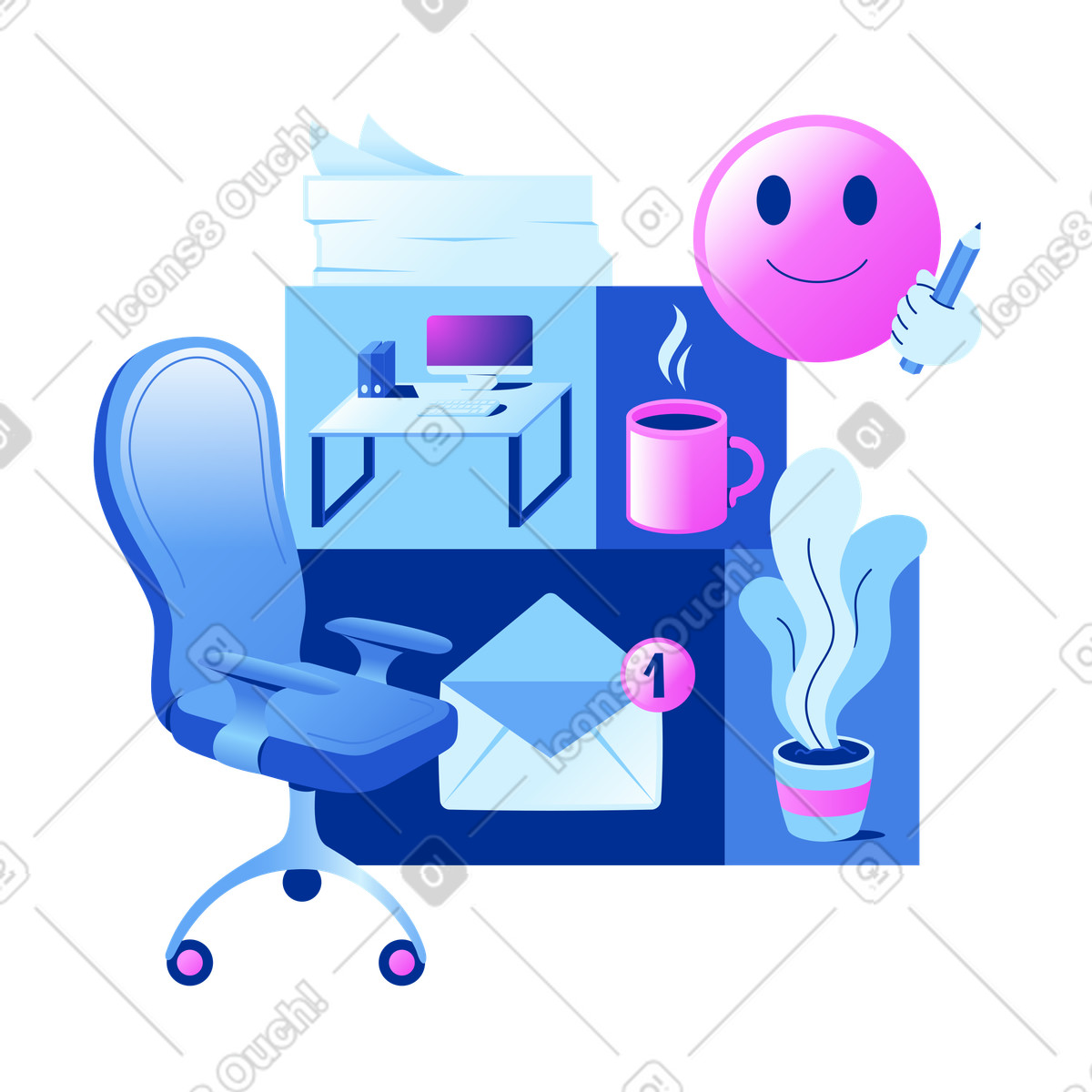 Glossy スタイルの コーヒーブレイクと電子メールを伴う事務作業 のイラストをPNG、SVG形式でダウンロード