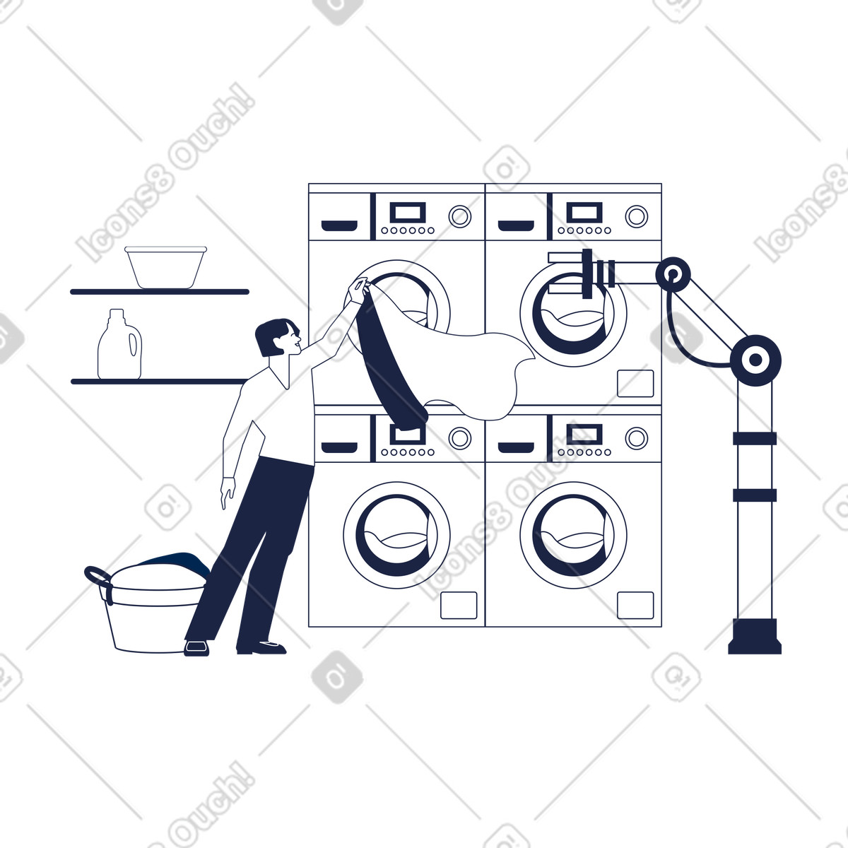 Roboterarm hilft beim wäschewaschen-Illustration im Urban Line-Stil als Download in PNG, SVG