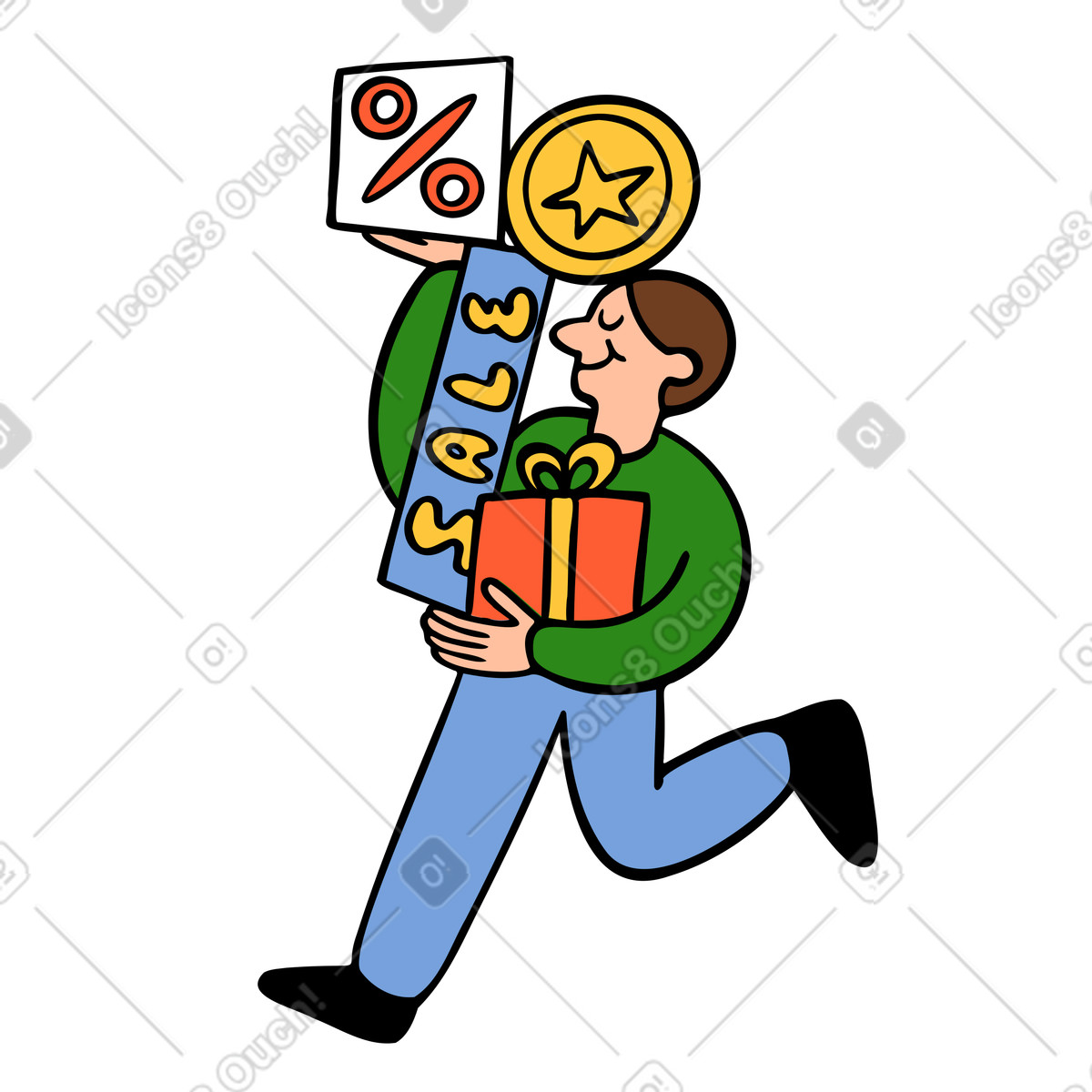 Uomo che corre con bonus e sconti dallo shopping illustrazione in stile Comic scarica in PNG, SVG