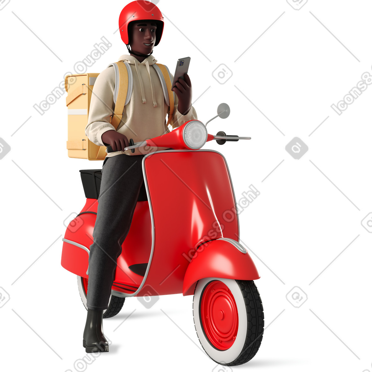 下载 3D Business 风格的 Man on a moped with phone 插画，支持 PNG、SVG 格式