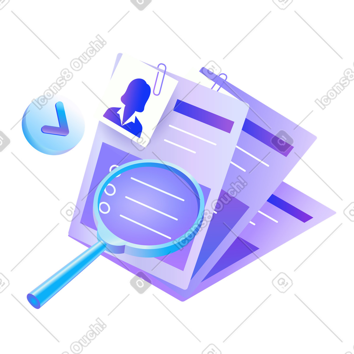 Stack of resumes with magnifying glass, Candidate screening and talent acquisition illustration in Hi-tech style download in PNG, SVG