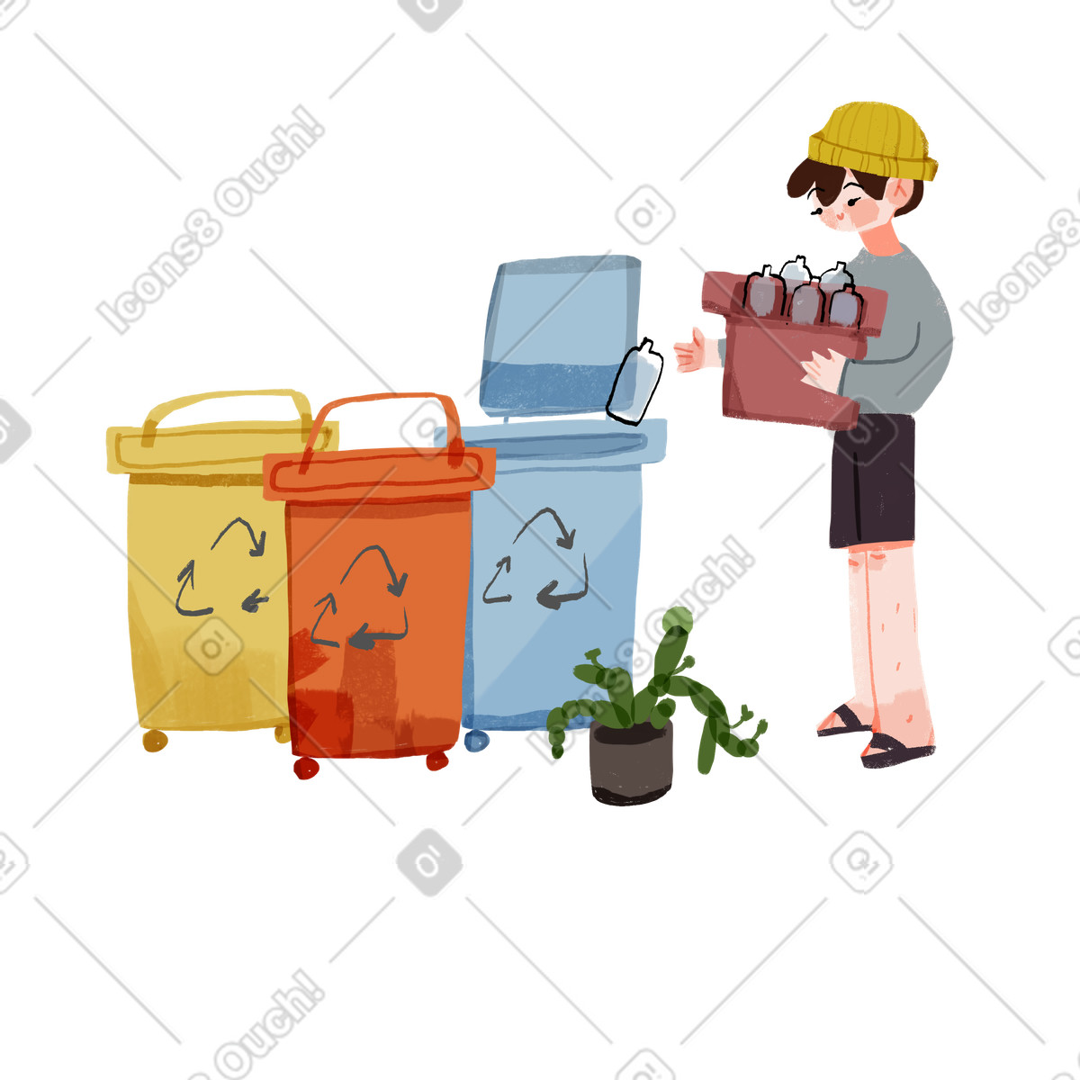 Illustration Garçon mettant des bouteilles en plastique dans bacs de recyclage le style Ikigai à télécharger aux formats PNG, SVG