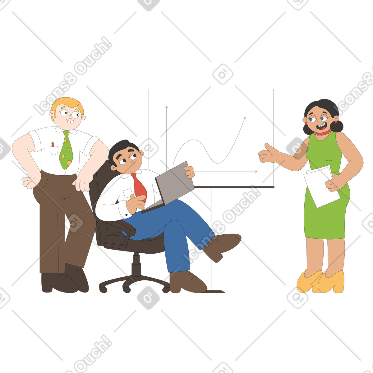 Presentazione di analytics in ufficio illustrazione stile Sitcom scarica PNG, SVG