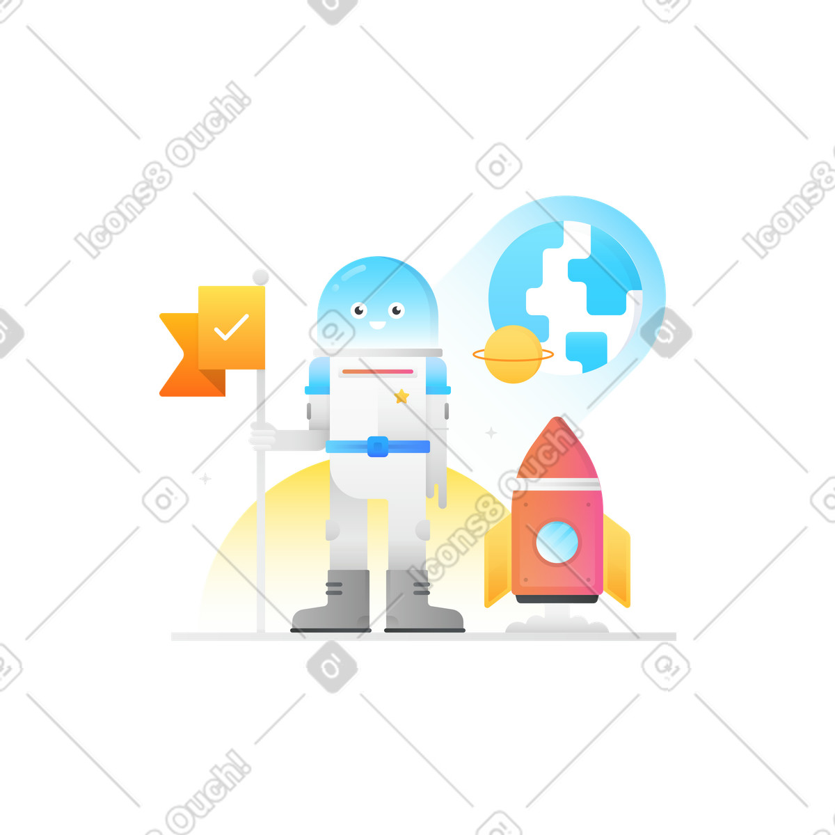 Astronaut holding a flag next to a rocket illustration in Hugo style download in PNG, SVG