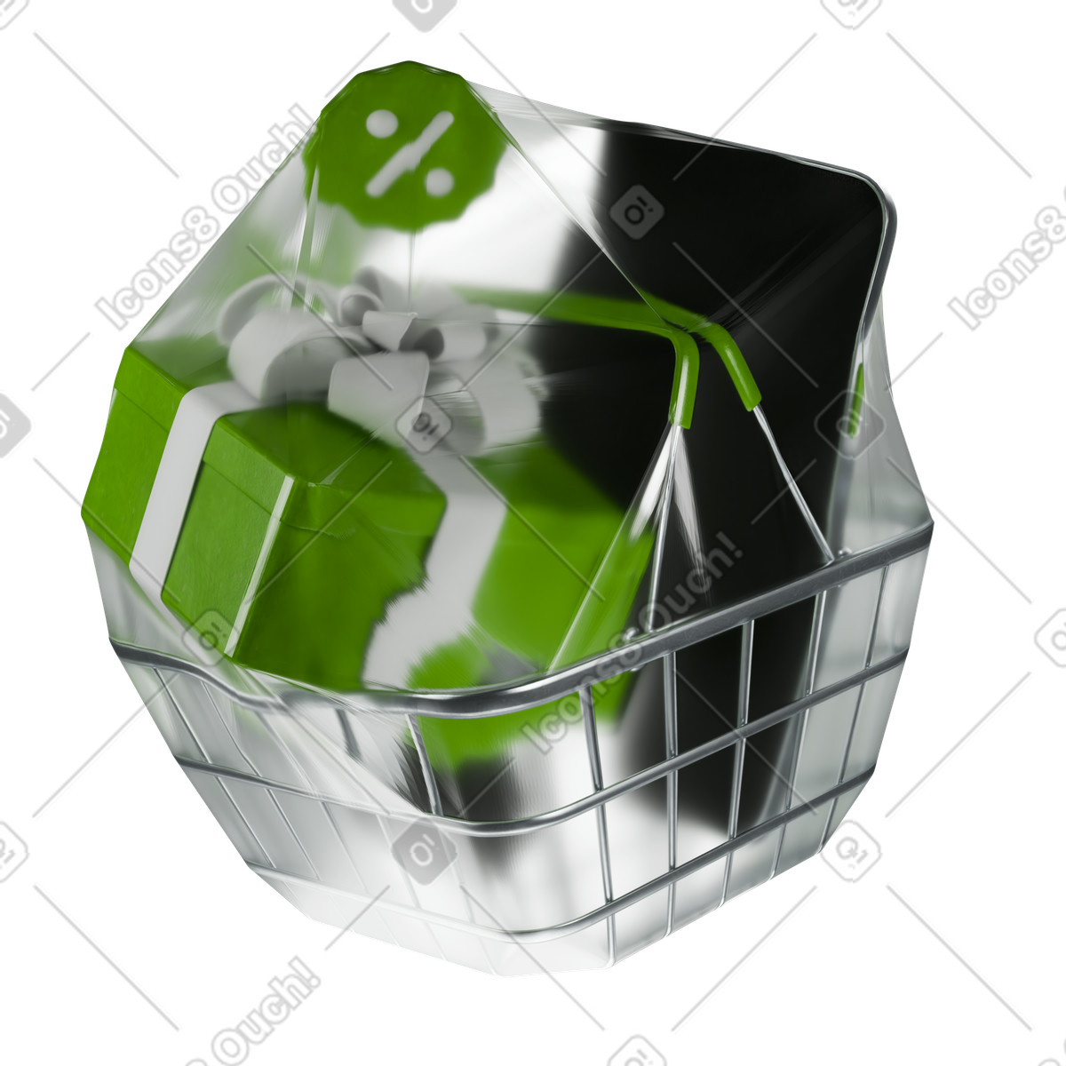 Ilustración Caja de regalo, teléfono inteligente y credencial venta en cesta compra envuelta plástico, campaña oferta especial para minoristas. estilo Experimental a descargar PNG SVG