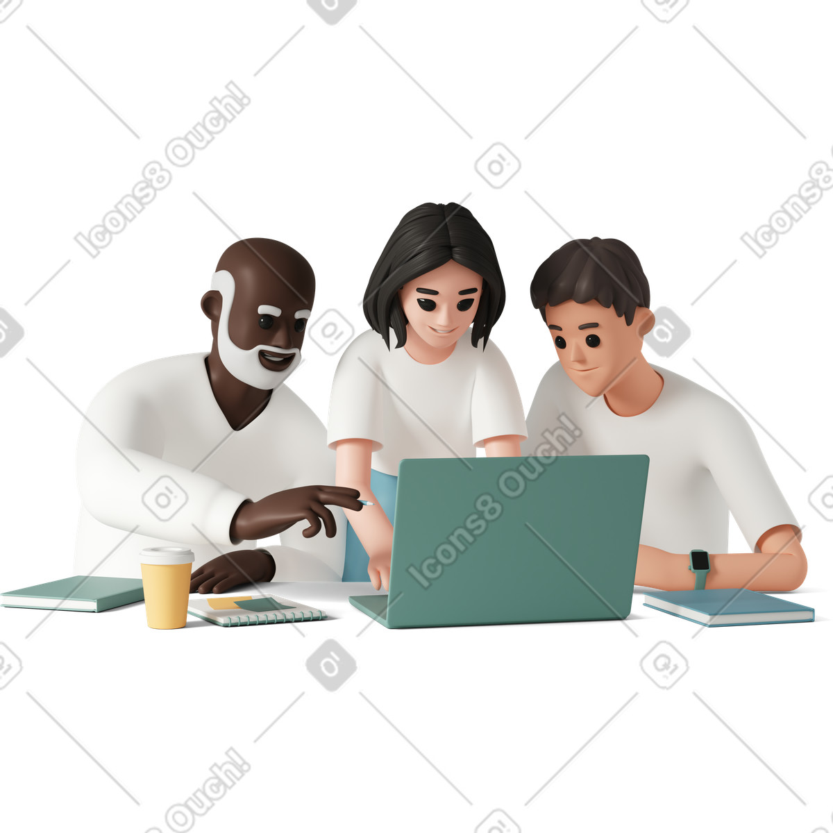 下载 3D Casual life 风格的 Teacher and students working at laptop 插画，支持 PNG、SVG 格式