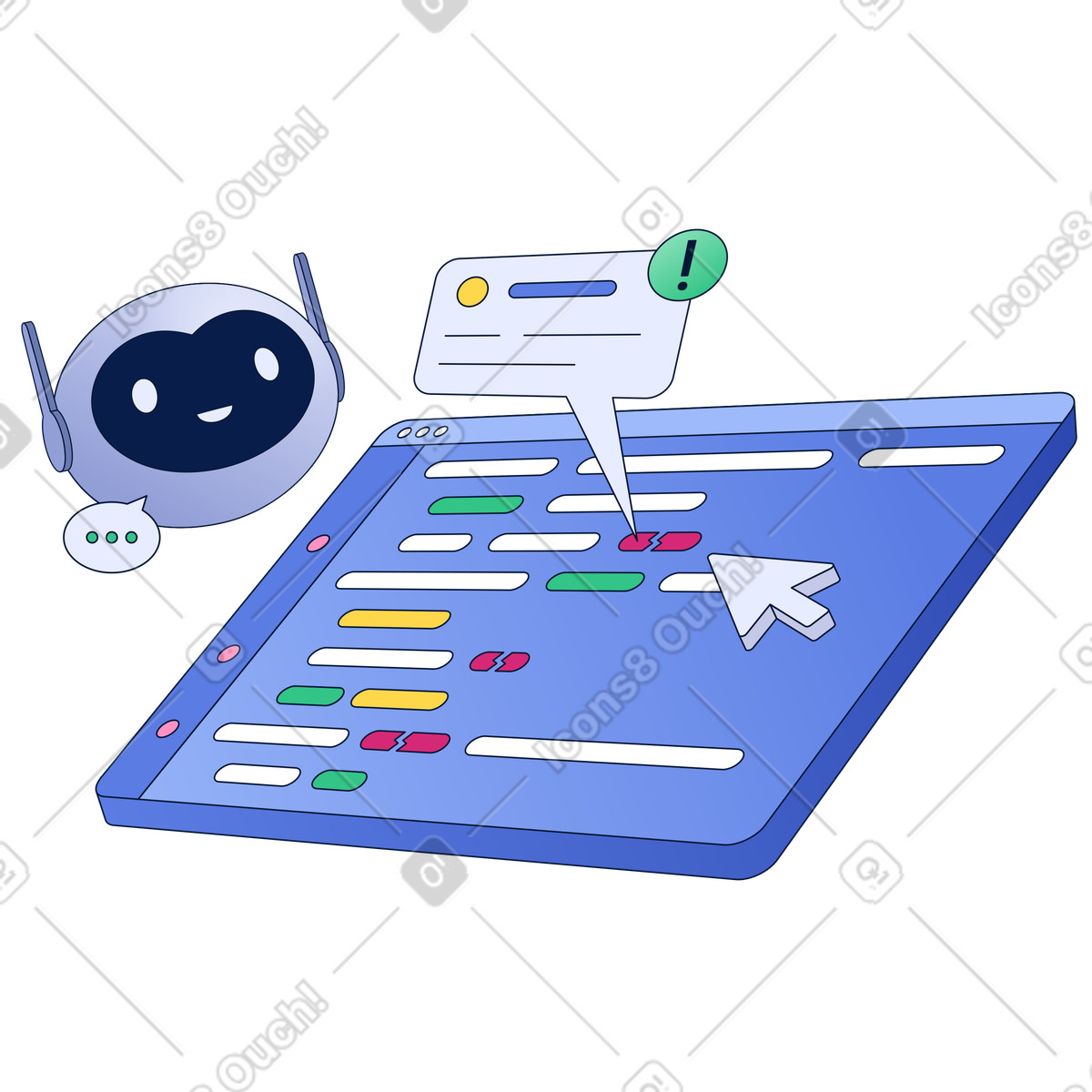 AI chatbot reviewing code, Automated code debugging and development illustration in PNG, SVG