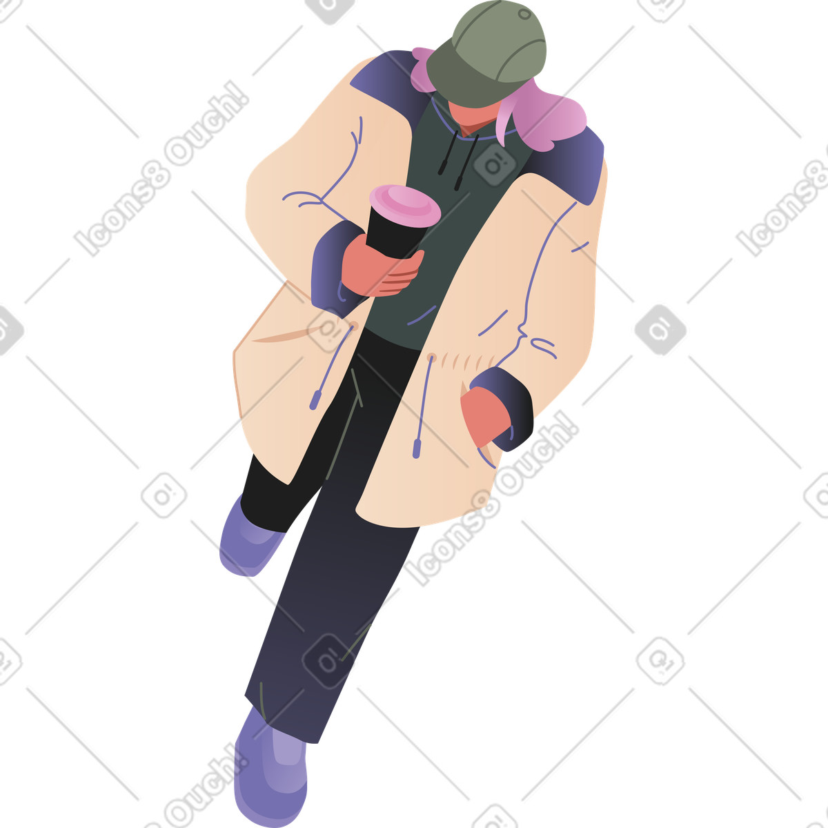 Ilustração de Mulher andando com uma xícara café em no estilo Coworking para baixar em PNG, SVG