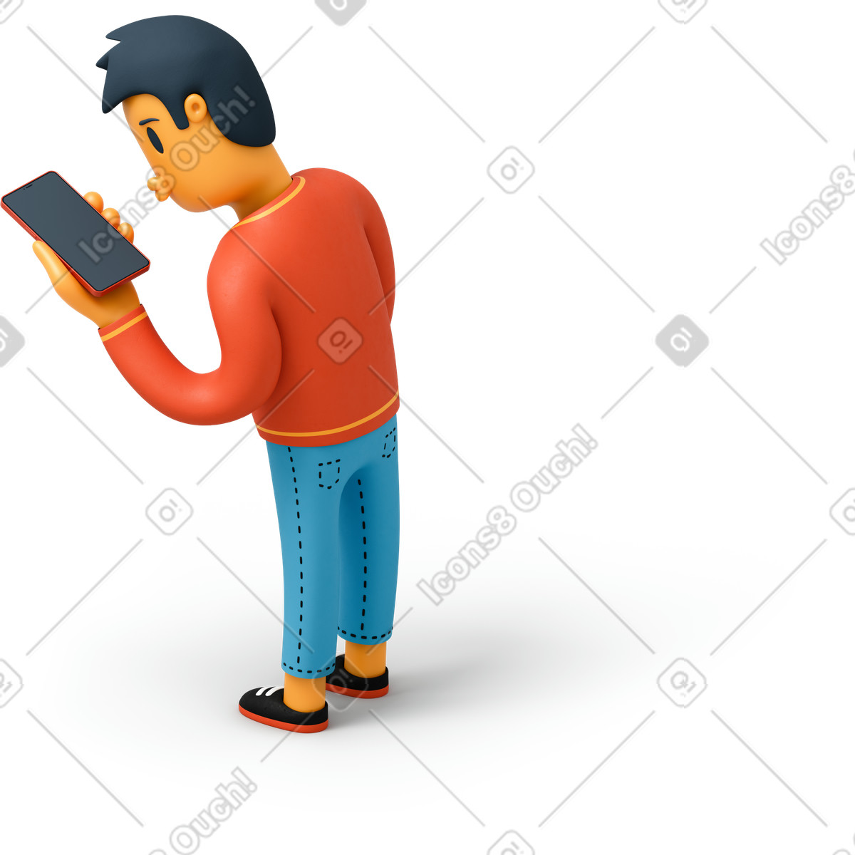 Back view of a man looking at his phone illustration in 3D Flame style download in PNG, SVG