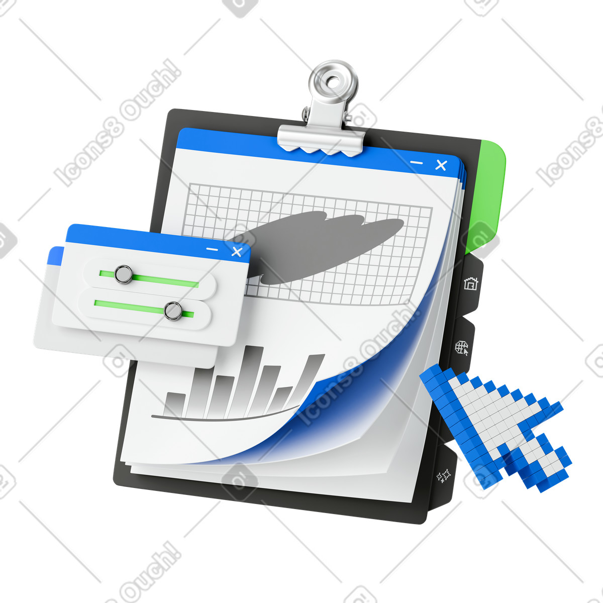Zwischenablage des analytics-dashboards mit browserfenstern und pixelcursor-pfeil animierte Illustration im 3D Stickle-Stil als Download in GIF, Lottie (JSON), AE