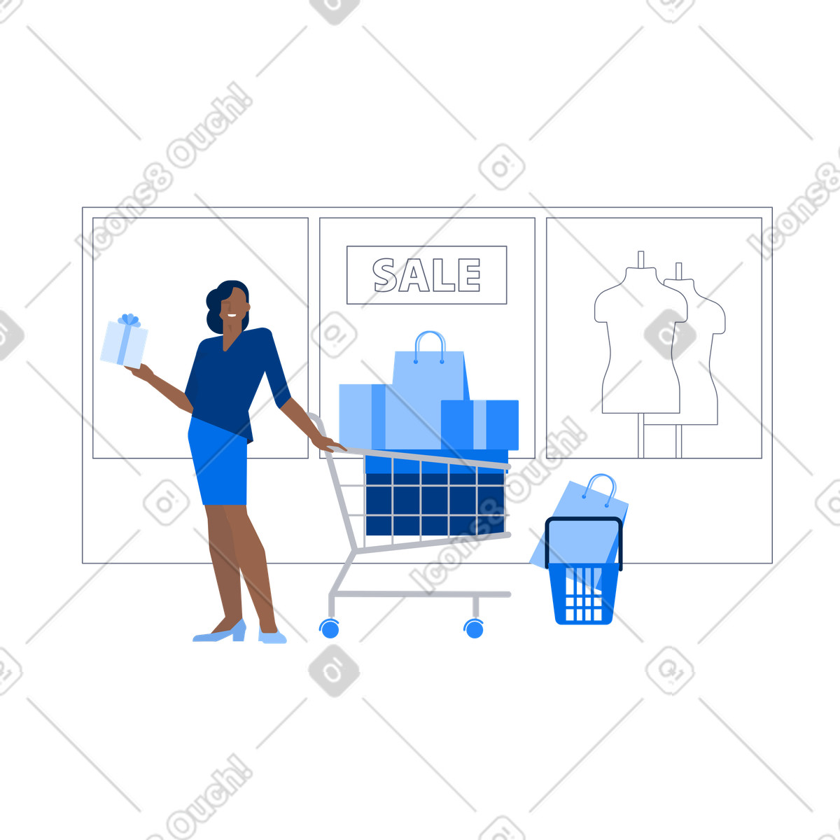 Ilustración Mujer con carrito de compras lleno bolsas en estilo Urban a descargar en PNG y SVG