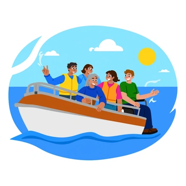 A group of friends on an accessible boat, enjoying a pleasant outing on the water. One friend is in a wheelchair, sitting comfortably beside the boat's railing. The boat is equipped with a ramp for easy access, and colorful life jackets are worn by each friend. The friends are smiling and laughing together, with one person playfully splashing water. The sun is shining brightly, casting reflections on the water's surface, and there are a few fluffy clouds in the blue sky above.