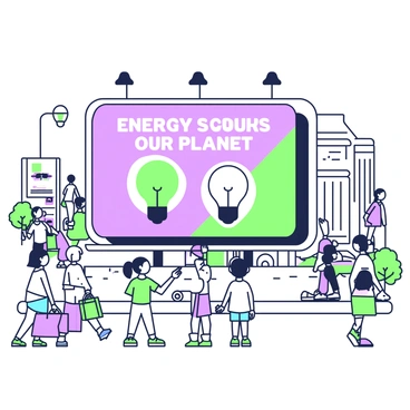 A large billboard is prominently displayed in a bustling urban area. The billboard features the phrase "Energy Saves Our Planet" in bold letters at the top. Below, there are illustrations of a green light bulb and a tree, symbolizing energy conservation. The background showcases a busy city street with various people walking, some carrying shopping bags, while a few cars are visible on the road. In the foreground, a couple of children are gazing up at the billboard with curiosity, pointing at the images. The overall composition highlights the contrast between the vibrant message of conservation and the lively city environment surrounding it.