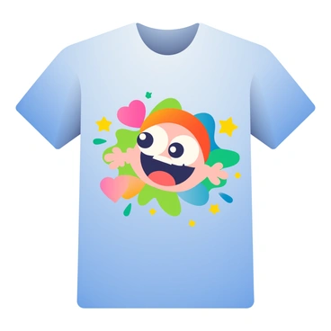 A colorful graphic T-shirt design features a playful cartoon character with large, expressive eyes and a wide grin. The character is wearing a bright orange cap and is surrounded by splashes of vibrant colors, including blue, green, and yellow. The character has outstretched arms, as if inviting viewers to join in the fun, and there are playful stars and hearts scattered around it, enhancing the joyful atmosphere of the design. The T-shirt itself is a light blue fabric, which complements the colorful elements of the graphic.