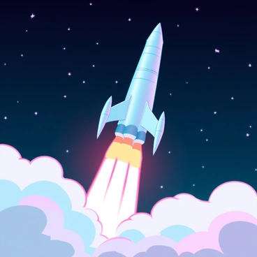 A powerful rocket launches upward into a starry sky, leaving behind a trail of fiery orange flames and thick white smoke. The rocket is sleek and metallic, with intricate details showcasing advanced technology. The sky is dotted with distant stars, while the flames flicker and dance as they illuminate the surroundings. The scene captures the intensity of the launch, highlighting the contrast between the dark expanse of space and the vibrant colors of the flames.
