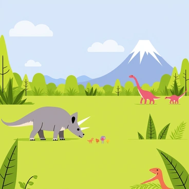 A panoramic view of a prehistoric landscape featuring a vast, open terrain filled with lush green vegetation and tall ferns. In the foreground, a large, gray triceratops grazes on the grass, while a small group of colorful, feathered dinosaurs can be seen playing nearby. In the background, a towering volcano rises, its peak partially covered with white clouds. A herd of long-necked dinosaurs, such as brachiosaurus, wander gracefully through the trees. The sky is a bright blue with a few fluffy white clouds drifting along.