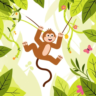 A brown monkey with a long tail is swinging energetically from one branch to another in a dense rainforest canopy. The monkey has large, expressive eyes and a playful grin. Lush green leaves surround the scene, with shafts of sunlight filtering through the foliage. Various colorful flowers are visible among the leaves, adding splashes of color. In the background, other branches are filled with vibrant green vines and a few bright butterflies fluttering nearby.