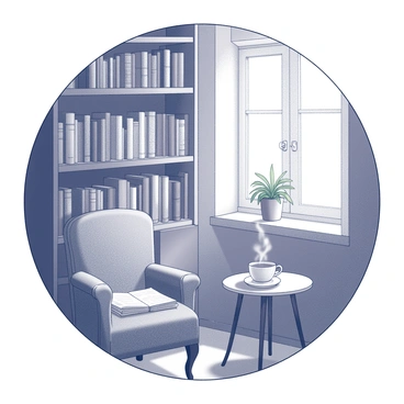 A simple round frame encloses a cozy corner in a quaint bookstore. The scene features a small wooden bookshelf filled with various books, some with visible spines and titles. A vintage armchair, upholstered in a textured fabric, is positioned nearby, inviting someone to sit and read. A small side table next to the chair holds a steaming cup of tea, resting atop a folded newspaper. Soft light filters through a nearby window, illuminating a potted plant on the windowsill. The overall ambiance conveys a warm and inviting atmosphere, perfect for reading.