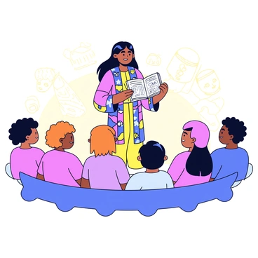 A storyteller stands in front of an attentive audience. The storyteller has long, flowing hair and wears a colorful robe adorned with symbols from different cultures. The audience, composed of diverse individuals from various backgrounds, sits in a semi-circle, captivated by the tales being shared. In the storyteller's hands is an open book with intricate illustrations, and soft, warm light illuminates the scene, enhancing the welcoming atmosphere. The background features subtle hints of cultural artifacts like masks and drums, reflecting the richness of the stories being told.