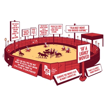A rodeo arena is surrounded by various inspirational scripture signs. Each sign features a different quote, highlighted in bold lettering. The signs are painted in a duotone of white and red, making them stand out against the backdrop of the arena. Some signs are mounted on wooden posts, while others are attached to fencing that encircles the arena. Bright lights illuminate each sign, casting a warm glow. The rodeo arena is filled with spectators, and in the center, cowboys are preparing their horses for the upcoming events. The atmosphere is filled with excitement and anticipation.