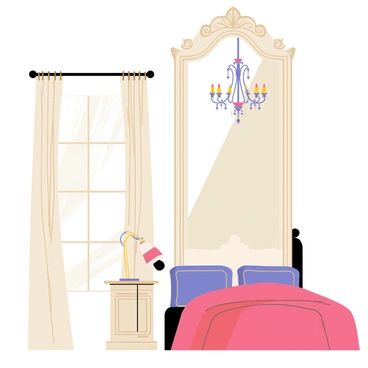 An elegant bedroom featuring a tall ornate mirror with intricate carvings on its frame. The mirror reflects a luxurious chandelier that hangs from the ceiling, adorned with sparkling crystals. The room is decorated with plush bedding in rich colors, and soft pillows are arranged neatly on the bed. Elegant curtains frame the window, allowing soft light to filter in, creating a warm ambiance. A stylish bedside table with a decorative lamp sits next to the bed, complementing the overall refined decor.