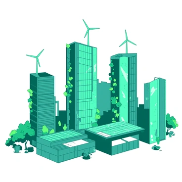 A teal city skyline is filled with sleek, modern buildings characterized by vertical gardens climbing their walls. Each building boasts large glass windows that reflect the surrounding landscape. Wind turbines are installed on rooftops, contributing to the renewable energy theme. The vertical gardens are lush with greenery, cascading down the sides of the buildings, adding vibrant life to the urban environment. In the foreground, there are smaller structures with solar panels and well-maintained green spaces. The overall view is dynamic and showcases a harmonious blend of nature and technology.