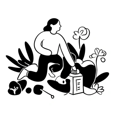 A gardener kneeling on the ground, holding a colorful test strip in one hand while carefully placing the strip into a small container of soil. Surrounding the gardener are various plants, including leafy greens and flowering species, creating a diverse garden scene. A small gardening tool lies nearby, along with a notebook and pencil resting on the ground, suggesting the gardener is recording observations.