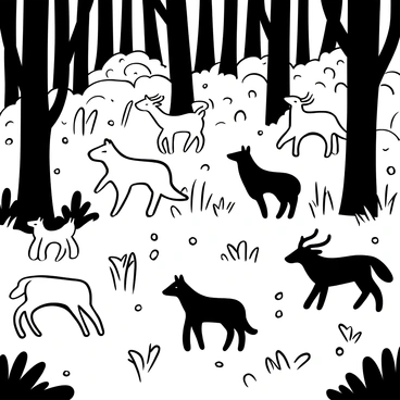 A pack of grey wolves moving silently through a dense forest, weaving between the trees with focused intent. The wolves have sleek, powerful bodies, their fur detailed with various shades of grey. In the foreground, a herd of deer grazes peacefully, unaware of the lurking wolves in the shadows. The deer are scattered, with several standing alert, their ears perked up. The ground is covered in leaves and underbrush, creating a natural camouflage for both the wolves and the deer. The atmosphere is tense, emphasizing the hunt.