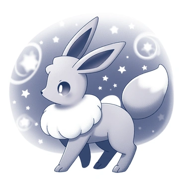 An Eevee is depicted in a poised stance, its fur detailed and textured. The background features a cosmic scene filled with swirling galaxies and clusters of stars. The galaxies are illustrated with spirals and mixed shapes, creating a sense of depth and movement. The stars are scattered throughout the backdrop, varying in size, enhancing the celestial atmosphere surrounding the Eevee.