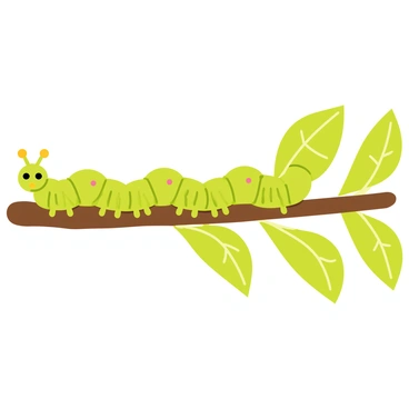 A line of green caterpillars with soft, segmented bodies and tiny legs is traveling along a brown branch. The caterpillars are positioned closely together, resembling a train. Each caterpillar has small, colorful spots on its back. The branch is adorned with vibrant green leaves, providing a natural backdrop for the caterpillars' journey. Sunlight filters through the leaves, casting dappled shadows on the branch and highlighting the caterpillars' movement.