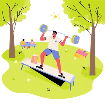 A person in athletic wear performing a bench press on a portable bench in a park. The individual is focused and lifting a barbell with weights, showcasing their strength and determination. Surrounding the bench is lush green grass, with a few trees providing shade. Bright sunlight filters through the leaves, casting playful shadows on the ground. A few colorful picnic blankets and people enjoying the day can be seen in the background, adding to the lively atmosphere of the park.