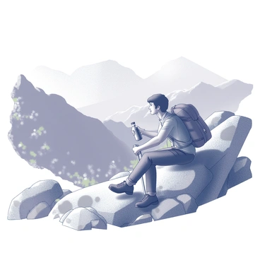 A hiker is sitting on a rocky outcrop along a mountain trail. The hiker is wearing a sturdy backpack and has a pair of trekking poles resting beside them. They are holding a pint flask to their lips, taking a sip of water. The surrounding landscape features steep, rugged mountains and scattered patches of greenery. A few distant peaks are visible in the background, adding depth to the scene. The hiker appears to be in a moment of relaxation, enjoying the tranquil natural environment.