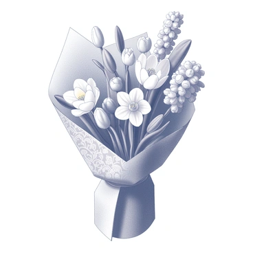 A bouquet of various spring flowers arranged together. The bouquet includes tulips, daffodils, and hyacinths, displaying different shapes and sizes. The flowers are tightly packed and create a lush appearance. The bouquet is wrapped in textured paper, which features intricate patterns and designs. The paper is folded neatly at the base, with some edges slightly curling.
