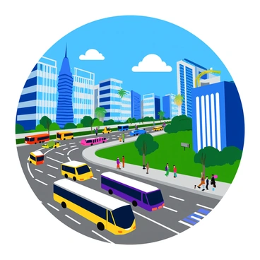 A vibrant cityscape featuring tall buildings with reflective glass windows and various architectural designs. The scene shows bustling traffic with colorful cars and buses moving along wide streets. Sound waves are visually represented as wavy lines in bright colors, emanating from the vehicles and blending into the atmosphere. The sky is a bright blue with a few fluffy white clouds, while pedestrians can be seen walking along the sidewalks, adding to the lively urban environment.