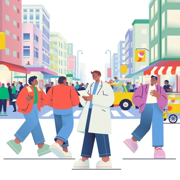 A bustling city street is filled with tall buildings and a crowd of pedestrians. In the center, a researcher with short brown hair and glasses wearing a white lab coat is standing with a clipboard in hand, engaging with passersby. The researcher is speaking to a woman with curly black hair dressed in a red jacket, while two young men in casual clothing are nearby, waiting for their turn. Colorful storefronts and various signs line the street, and a yellow taxi can be seen driving by. Several people are holding coffee cups, and a street vendor with a hot dog cart is situated on the corner, adding to the lively atmosphere.