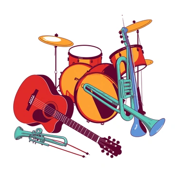 A red guitar with a glossy finish is positioned prominently, showing off its elegant curves. Next to the guitar, there is a blue trumpet with shiny valves, reflecting light from various angles. An orange drum set is arranged in the background, with shimmering cymbals and vibrant drumheads. A teal violin with intricate patterns on its surface rests against the edge of the drum set, highlighting its graceful silhouette. The instruments are placed on a simple surface, allowing their unique shapes and designs to stand out vividly.