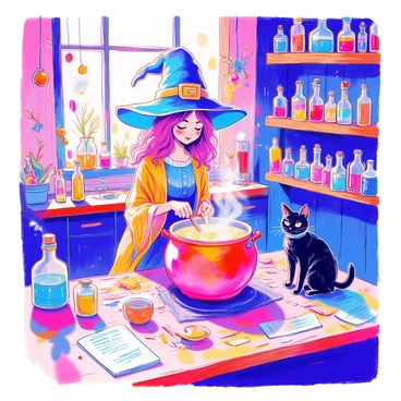 A playful witch with a pointed hat and a flowing robe is stirring a bubbling cauldron in her colorful, chaotic workshop. Brightly colored glass bottles filled with various potions are scattered across the wooden shelves. The walls are adorned with whimsical decorations, including hanging herbs and glowing orbs. A friendly black cat is perched on the edge of the cauldron, watching intently. Papers with sketches and notes are strewn across a cluttered table, and the air is filled with swirling sparkles and steam rising from the potions.